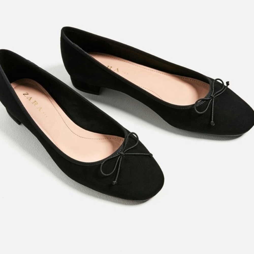 Zara TRF Block Heeled Ballerina Flats in Black
